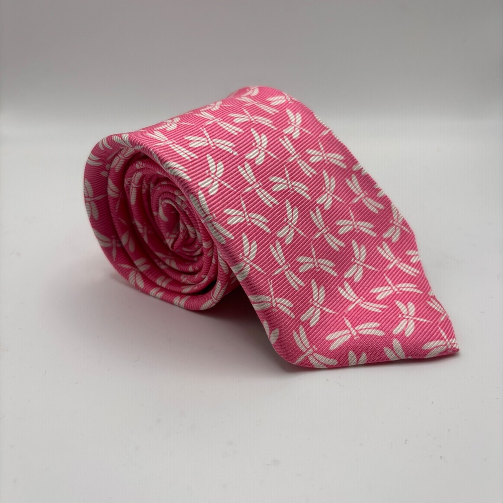 Lilly Pulitzer 100% Silk Pink White Dragonfly Print Tie Men's Size 61"x3.5"
